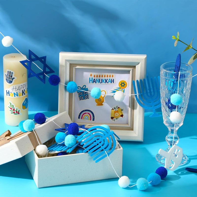 Jansun 4 Pack Hanukkah Garlands 32.8 Feet Felt Menorah Star of David Dreidel Blue White Pom Pom Garland Ornaments for Chanukkah Fireplace Wall Home Outdoor Party Hanging Decor Supplies - Image 3